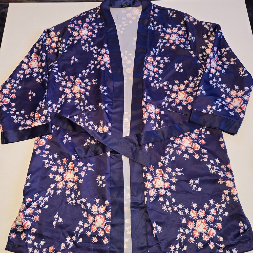 Morgan Lane Women's Satin Robe Navy Blue Floral, Size S/M